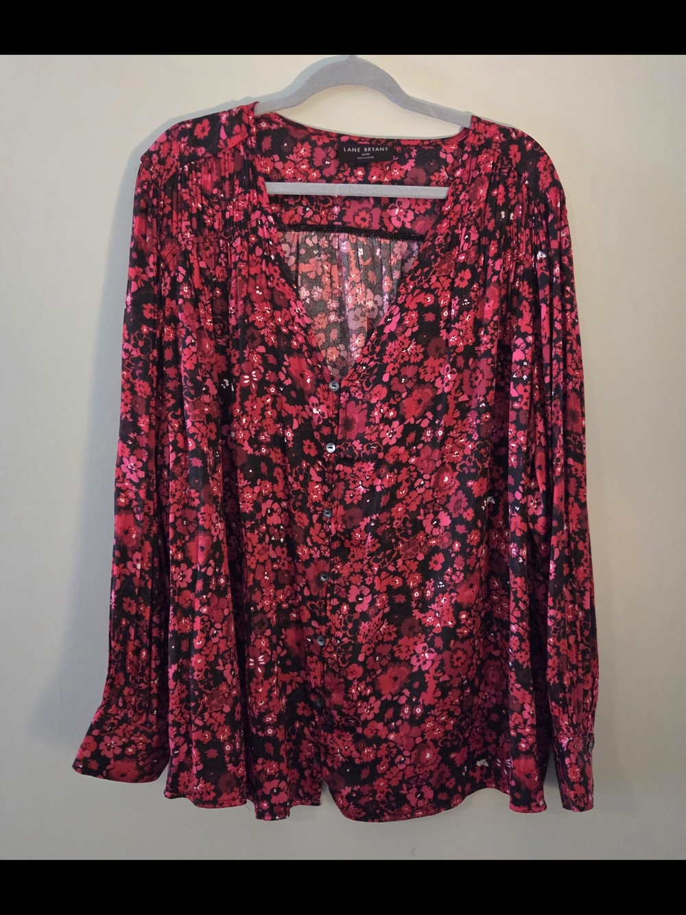Lane Bryant Black and Red Silky Floral V-Neck Blouse